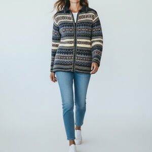Vintage Fair Isle Zip-Up Sweater cardigan Cozy Nordic Tiara Women’s Small Y2K